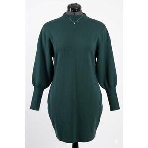 Express Dark Green Mock Neck Balloon Sleeve Knit Mini Sweater Dress Size Medium